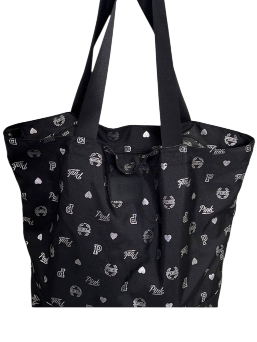 PINK Victoria's Secret Zip Closure Black and White Logo Print Tote EUC - Picture 2 of 5